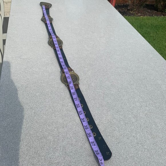 Vintage 90s Y2K Brown Leather Brass Rhinestone Stud Concho Boho Hip Belt - Picture 12 of 16